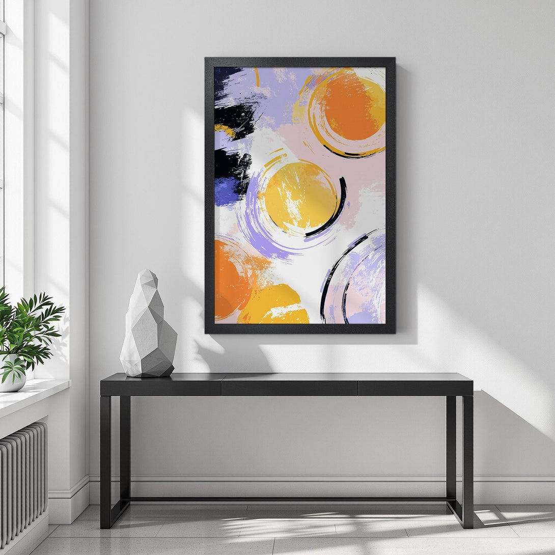 Framed Poster featuring abstract art with orange, yellow, and purple brushstrokes. Modern wall art for home decor.
