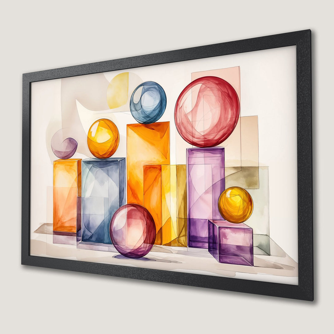 Framed Poster featuring abstract watercolor art with geometric shapes and vibrant colors.