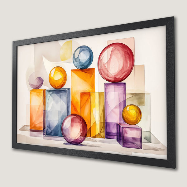 Framed Poster featuring abstract watercolor art with geometric shapes and vibrant colors.