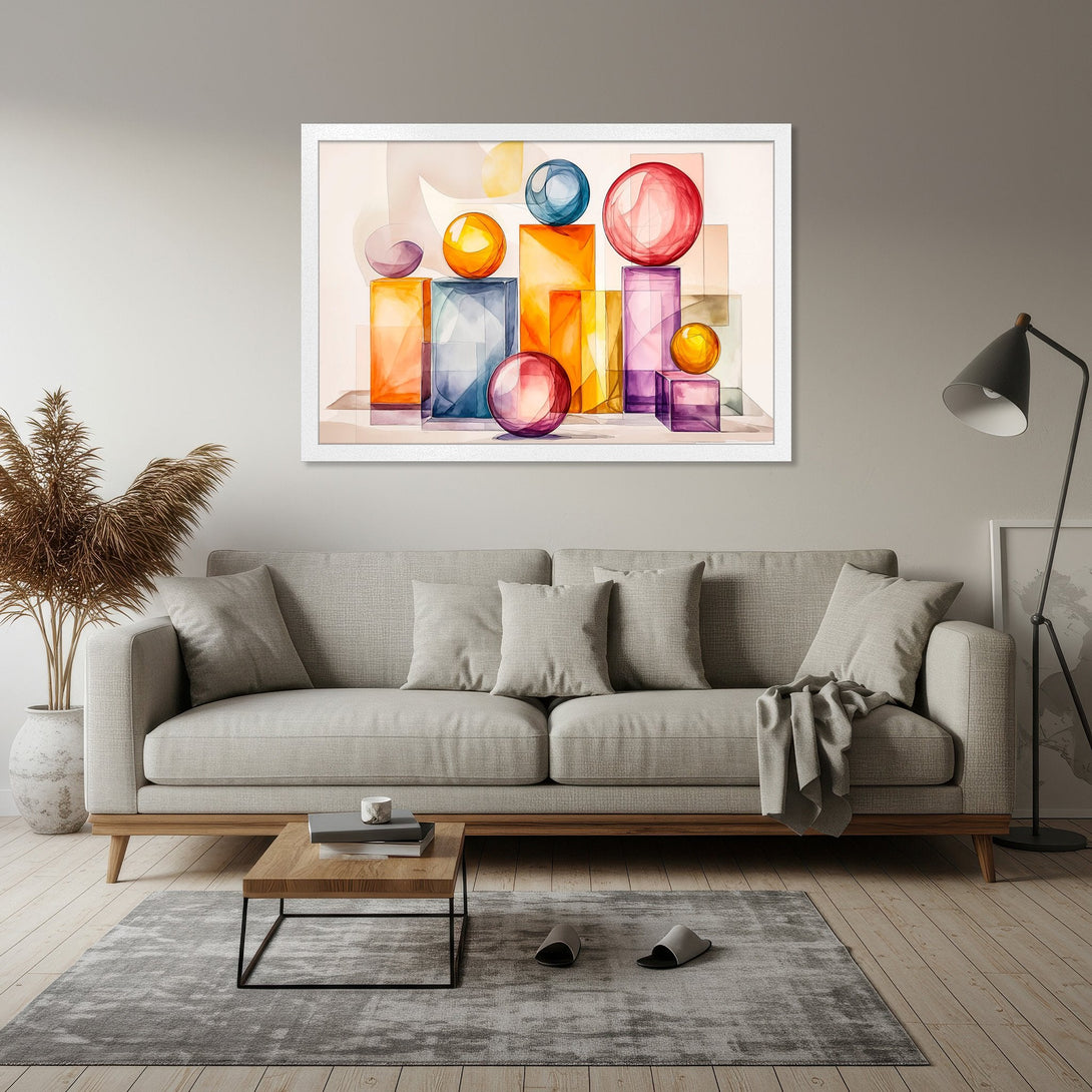 Framed Poster featuring abstract geometric shapes in watercolor style, vibrant orange, blue, and purple hues. Perfect wall art!
