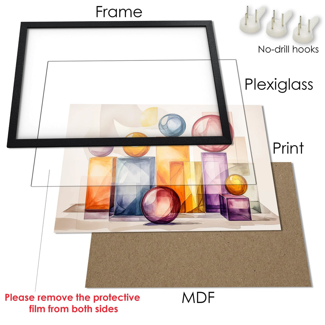 Framed Poster art print with abstract geometric shapes in watercolor style. Features warm, vibrant colors for modern home decor.