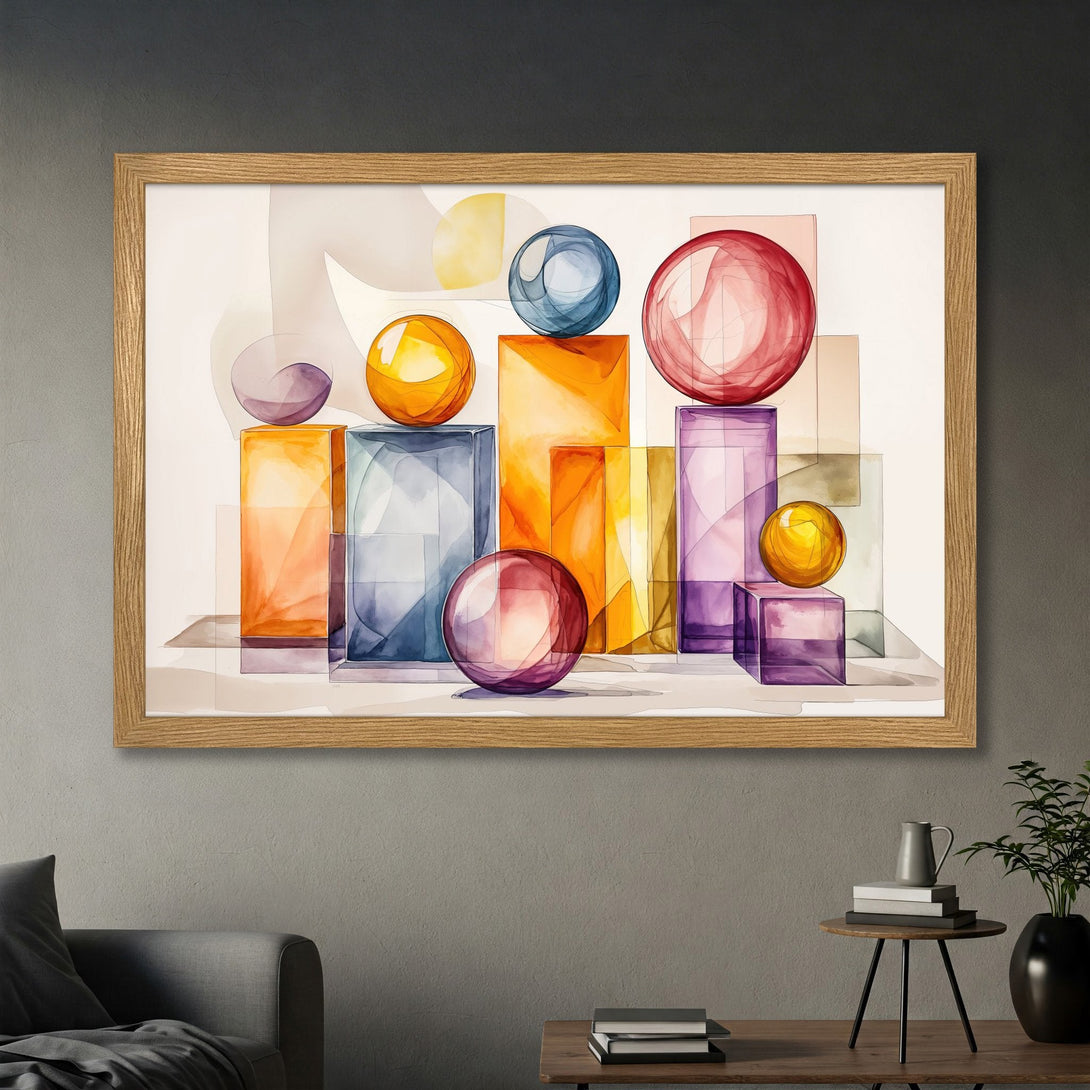 Framed Poster featuring an abstract geometric design with watercolor style, vibrant orange, purple, and blue color palette. Perfect wall art!