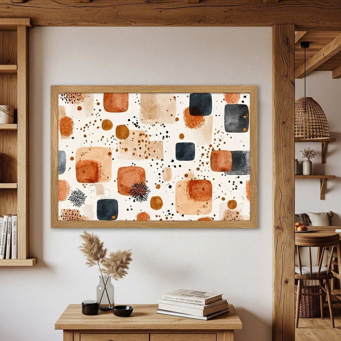 Framed Poster featuring abstract watercolor design in warm earth tones. Modern art for home decor.