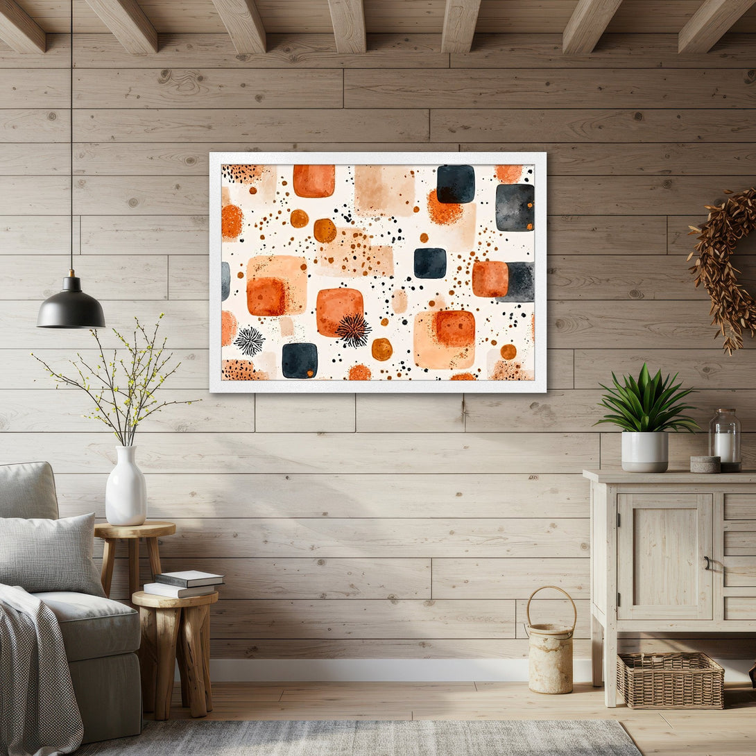 Framed Poster with abstract geometric art in warm orange, black, and neutral tones. Modern wall decor.