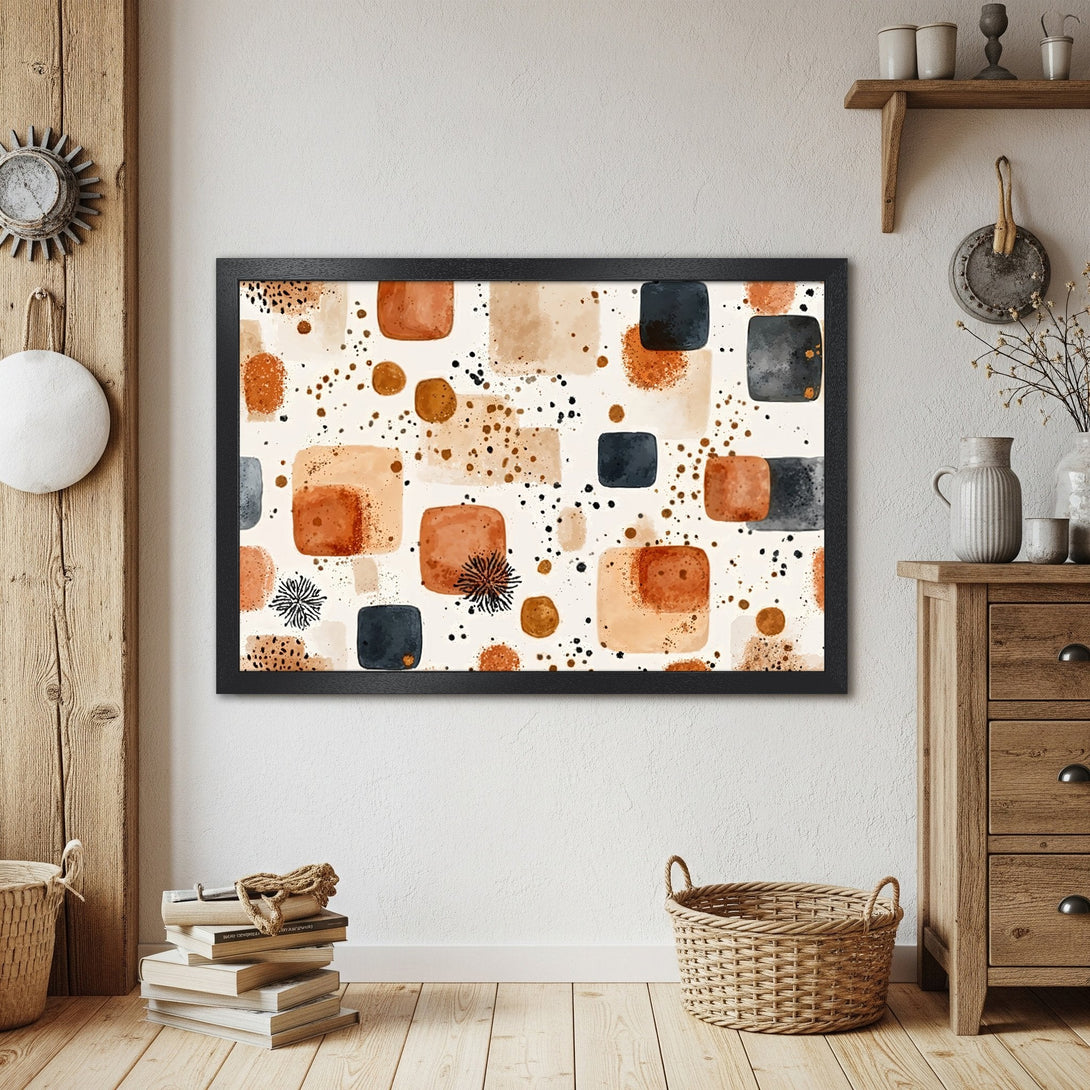 Framed Poster featuring abstract geometric art in warm earth tones. Modern wall decor for your home.