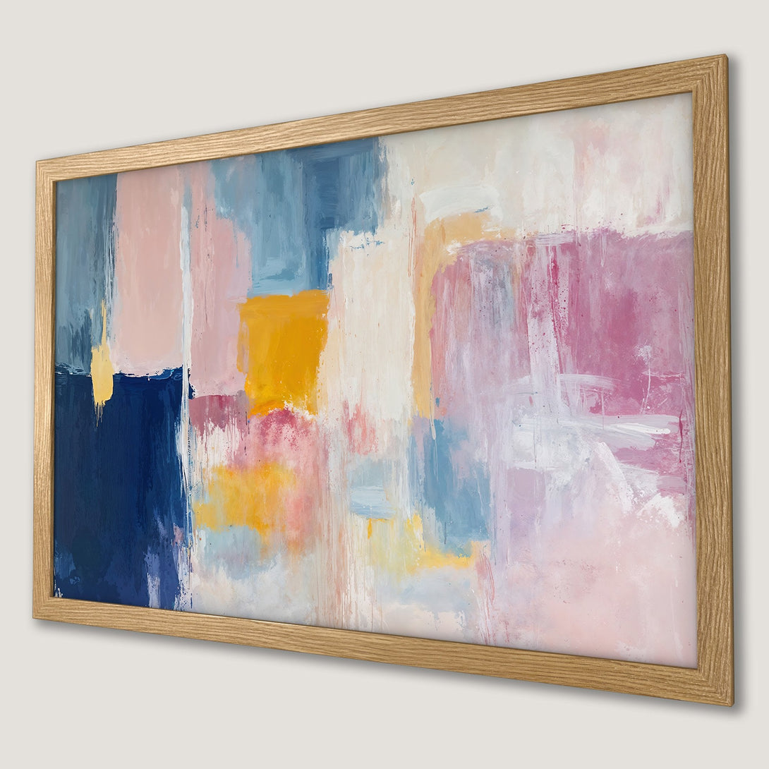 Framed Poster featuring abstract art in a vibrant, colorful palette of pink, blue, and yellow. Perfect wall decor!