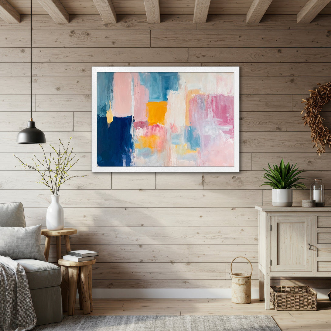 Framed Poster featuring abstract art in a modern style, with a vibrant blue, pink, and yellow color palette. Perfect wall decor!