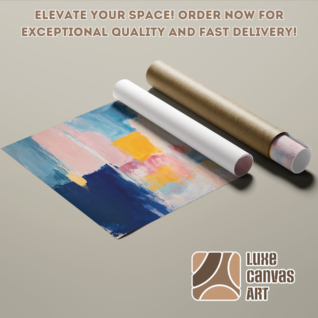 Abstract art Poster Roll with blue, pink, and yellow color palette. Elevate your space!