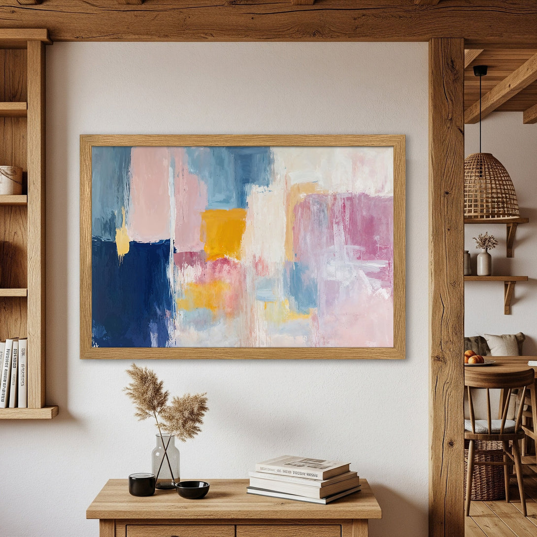 Framed Poster featuring abstract art in a modern style with a pastel color palette of blues, pinks, and yellows. Perfect wall decor!