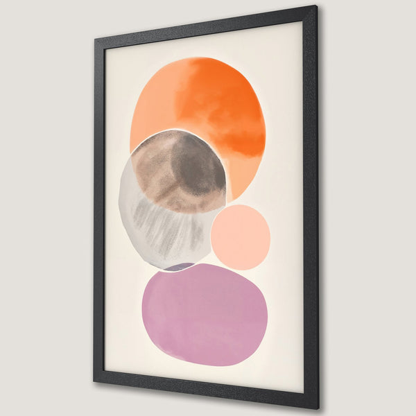Framed Poster featuring abstract geometric shapes in orange, pink, gray, and purple. Modern art print with a neutral color palette.