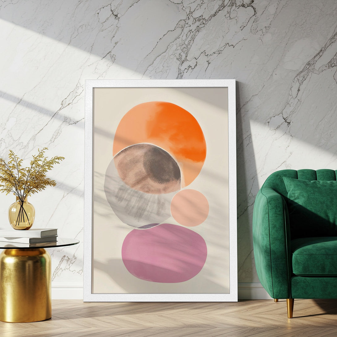 Framed Poster featuring abstract art with a warm color palette. Modern style for home decor.