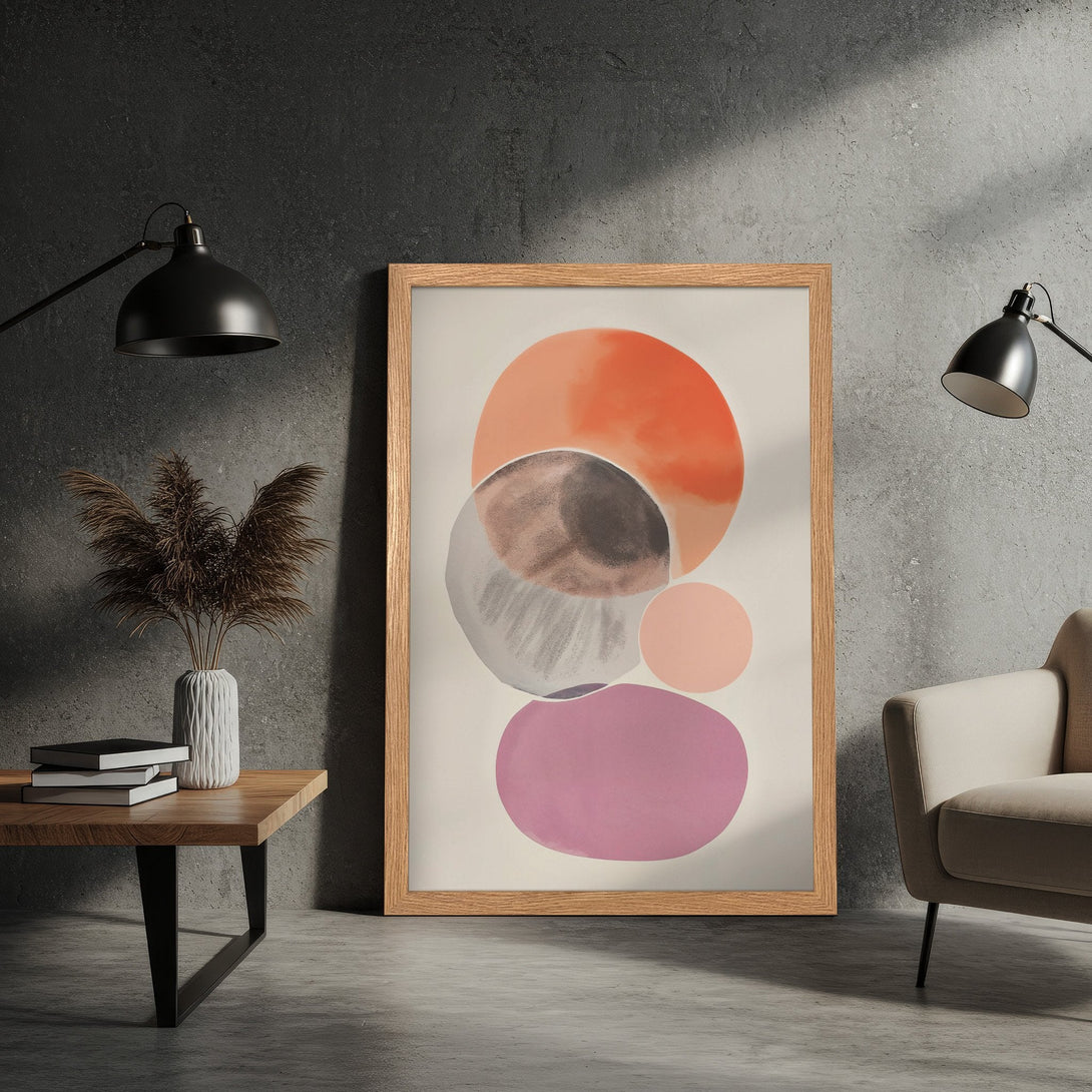 Framed Poster with abstract geometric art in warm orange, pink, and gray tones. Modern art print to elevate your space.