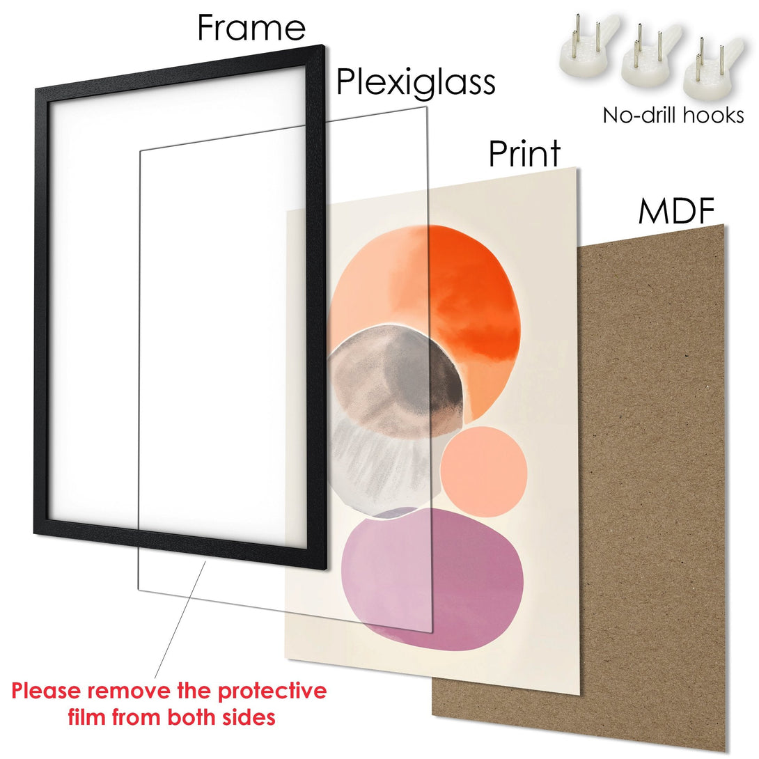 Framed Poster with abstract art. Modern style with orange, pink, and gray color palette. Ready to hang!