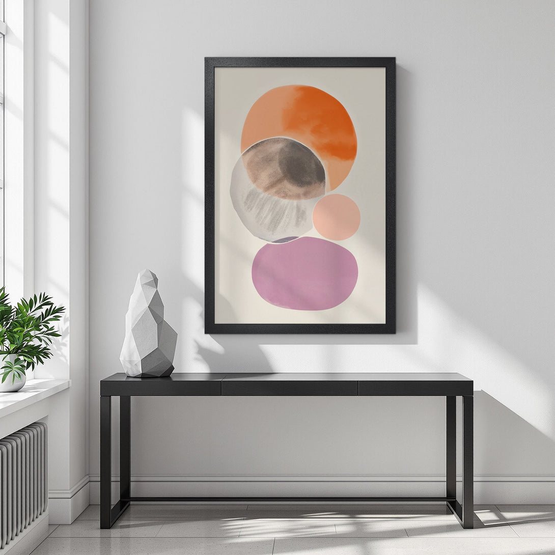 Framed Poster featuring abstract watercolor circles in orange, pink, gray, and purple. Modern art style with a minimalist color palette.