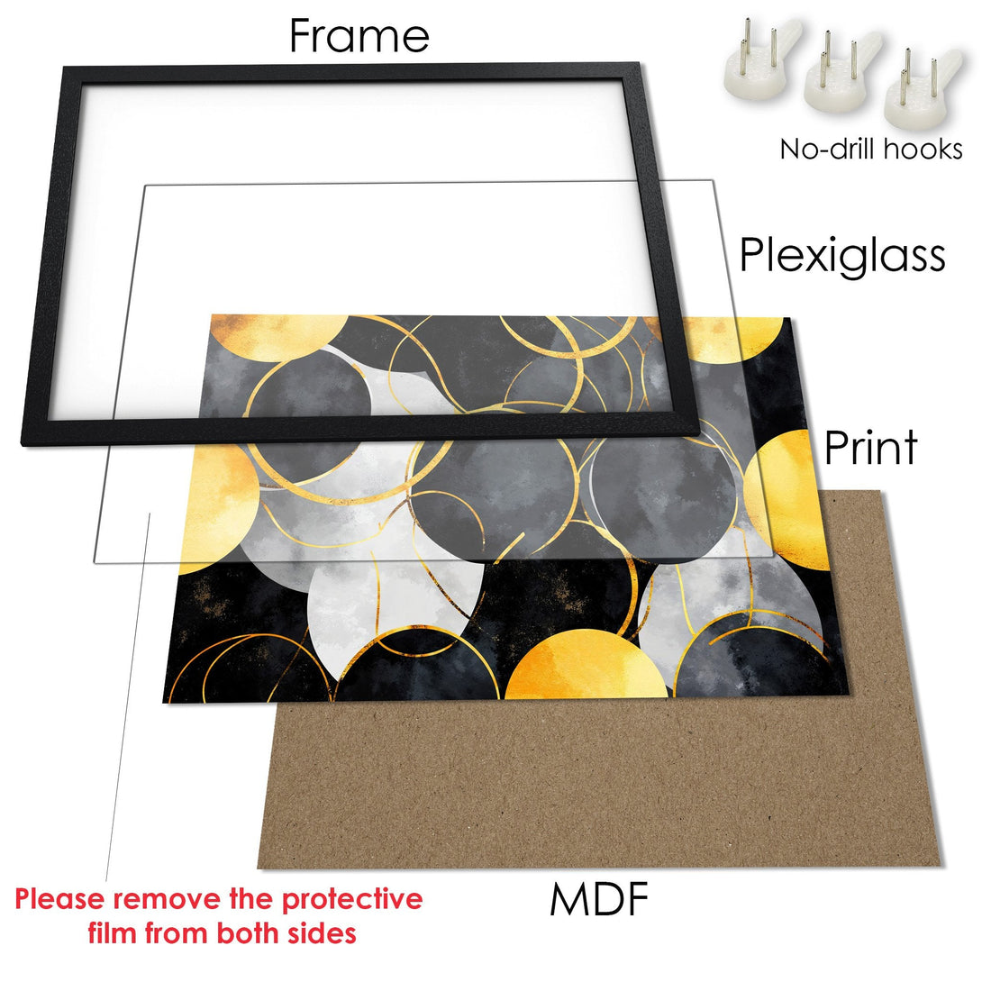 Framed Poster with abstract gold, gray, and black design. Modern art print for home decor.