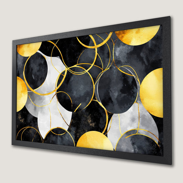 Framed Poster: Abstract art with gold accents, black, gray, and yellow color palette. Modern wall decor.