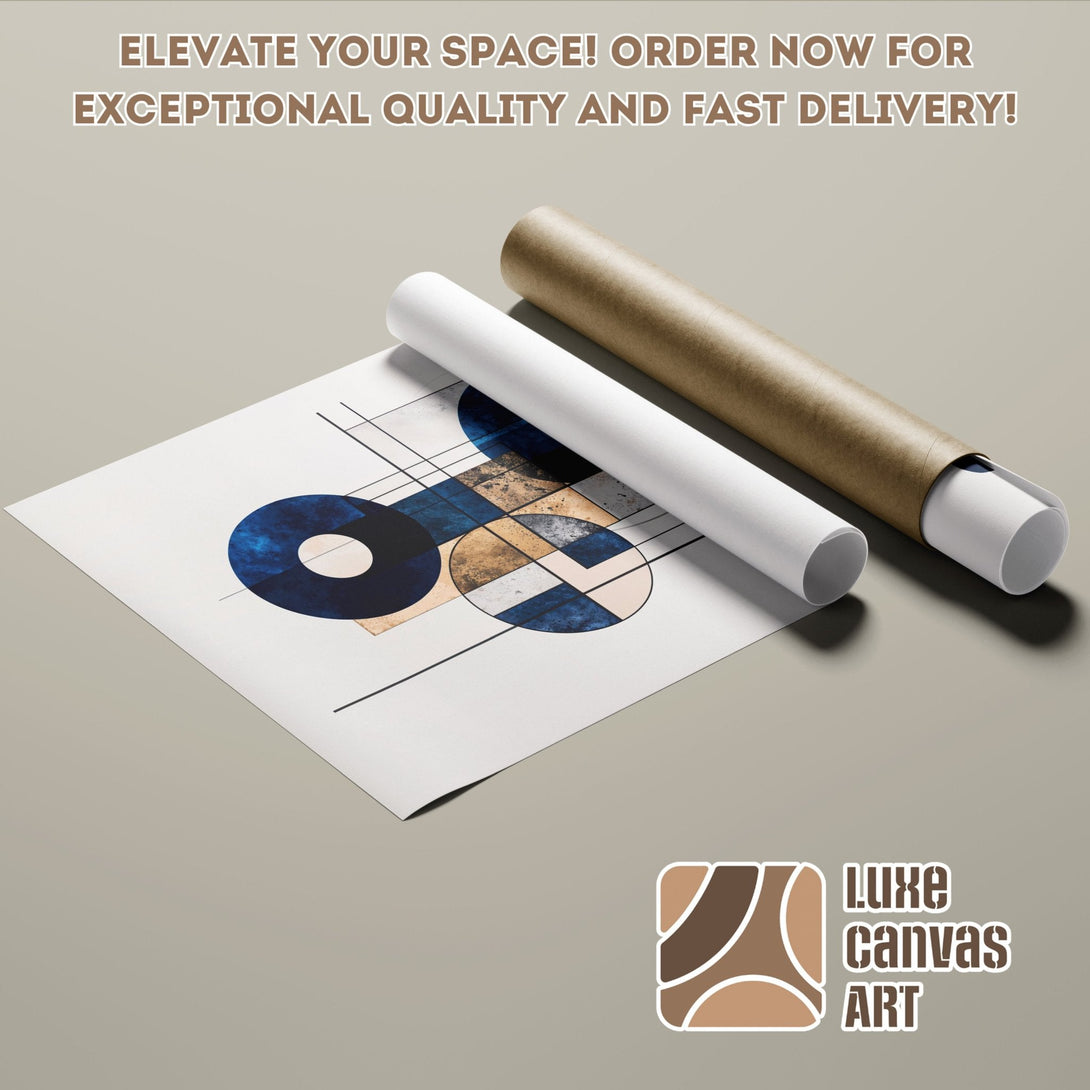 Abstract art poster roll with blue, beige, and brown color palette. Modern style for your home decor. Order your poster today!