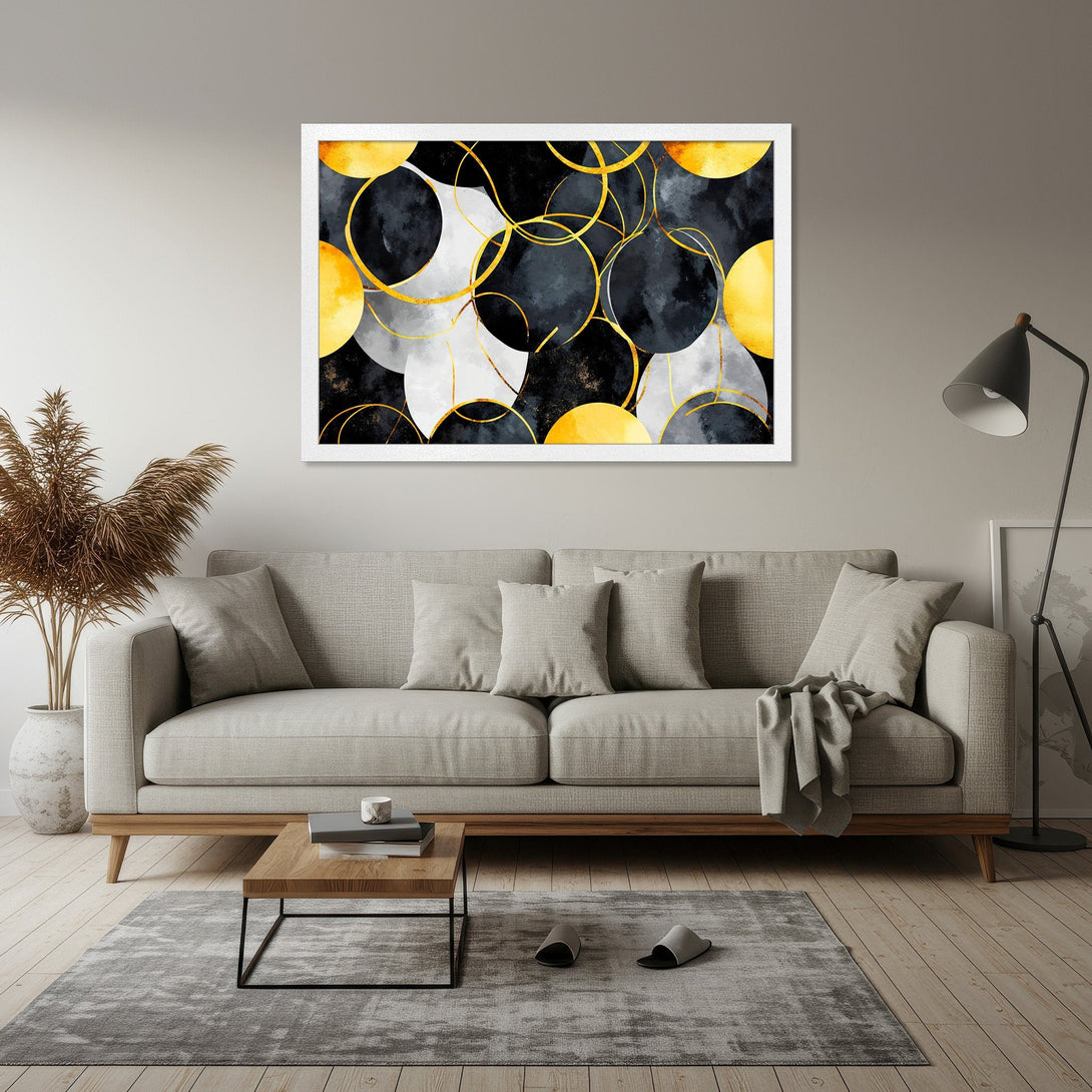 Framed Poster featuring abstract circles in gold, black, and yellow. Modern art print for stylish home decor.