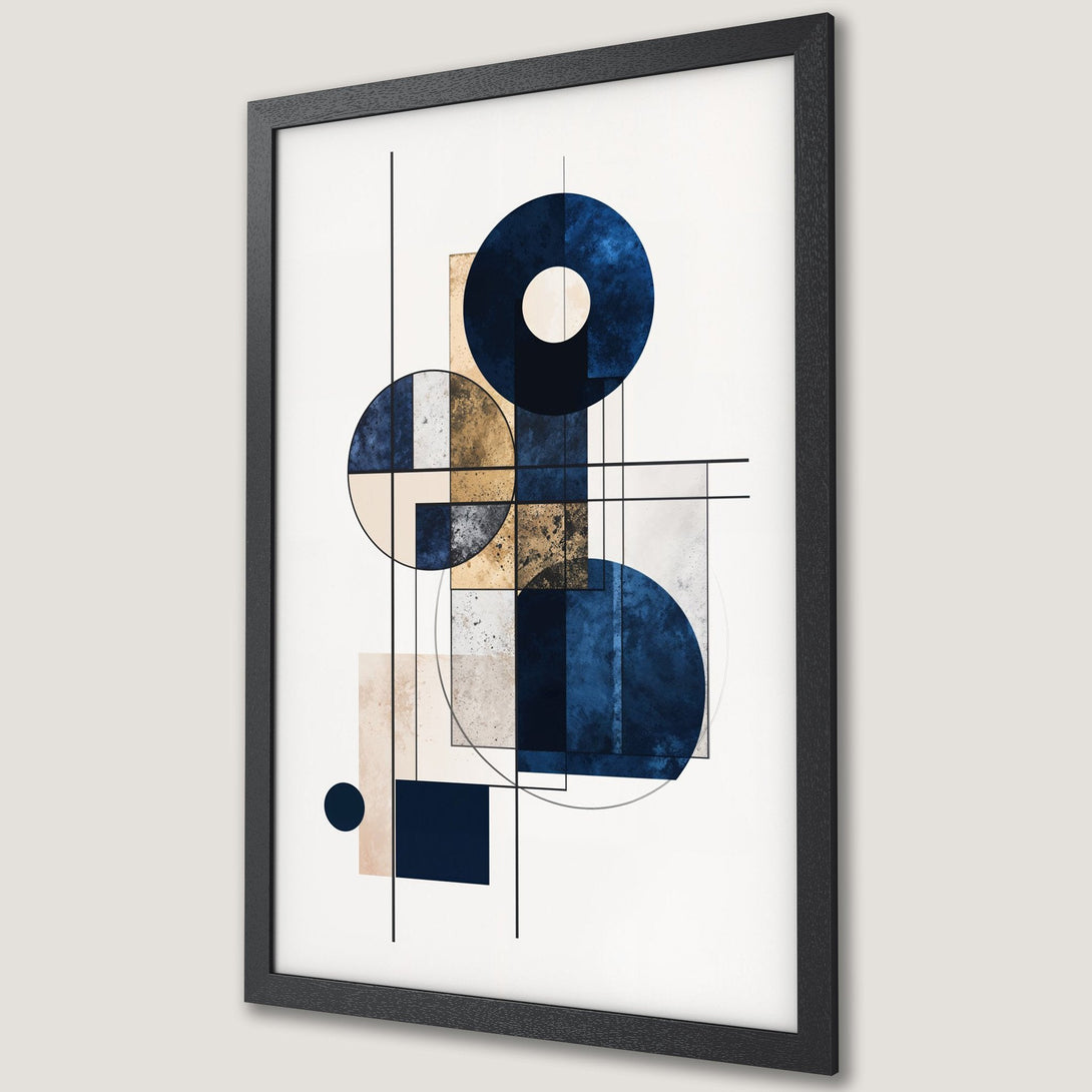 Framed Poster featuring abstract geometric art in blue, beige, and gold. Modern wall art for your home.