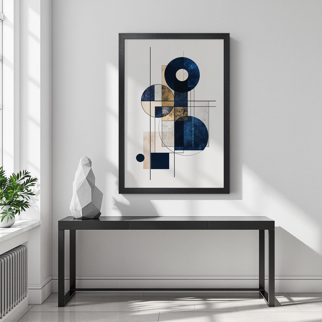 Framed Poster featuring abstract geometric art in blue, gold, and beige. Modern art print for home decor.