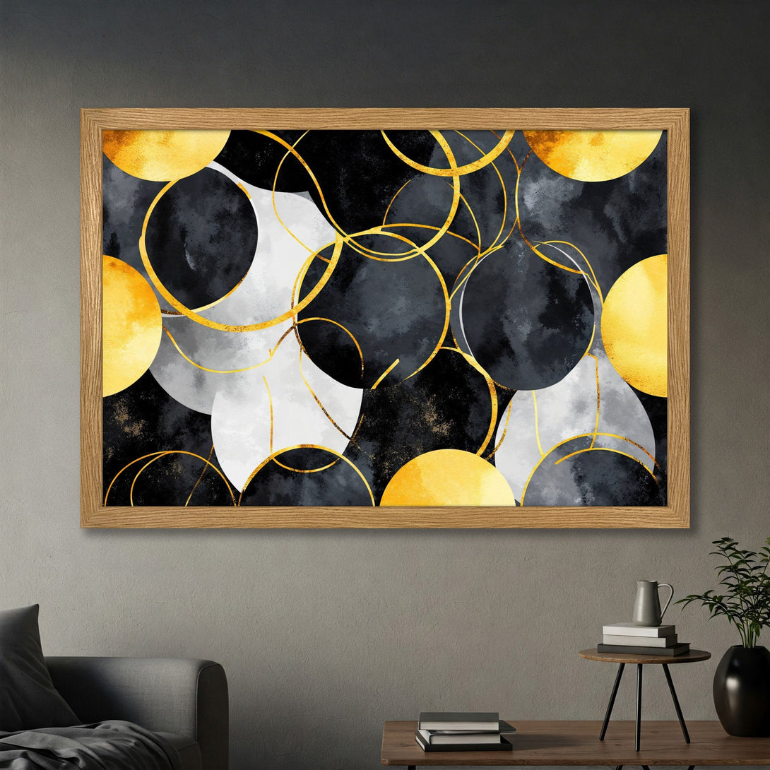 Framed Poster featuring abstract gold circles on a black, white, and gold watercolor background. Modern art for home decor.