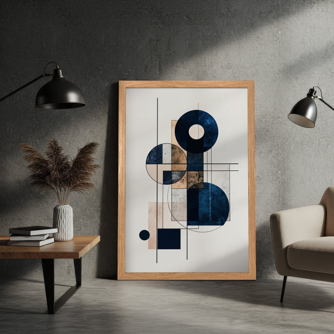 Framed Poster featuring abstract geometric art in navy blue, beige, and neutral tones. Modern wall decor for home.