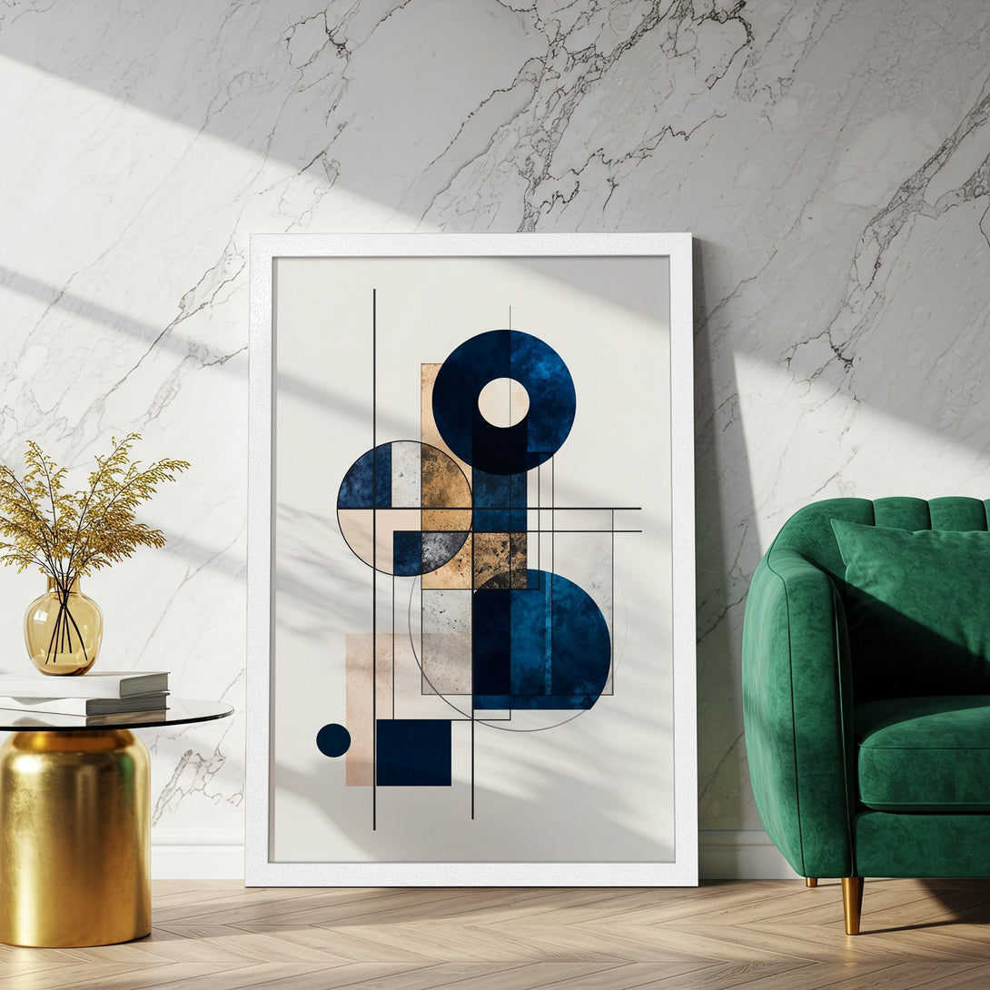 Framed Poster featuring abstract geometric art in blue, gold, and neutral tones. Modern decor for your home!