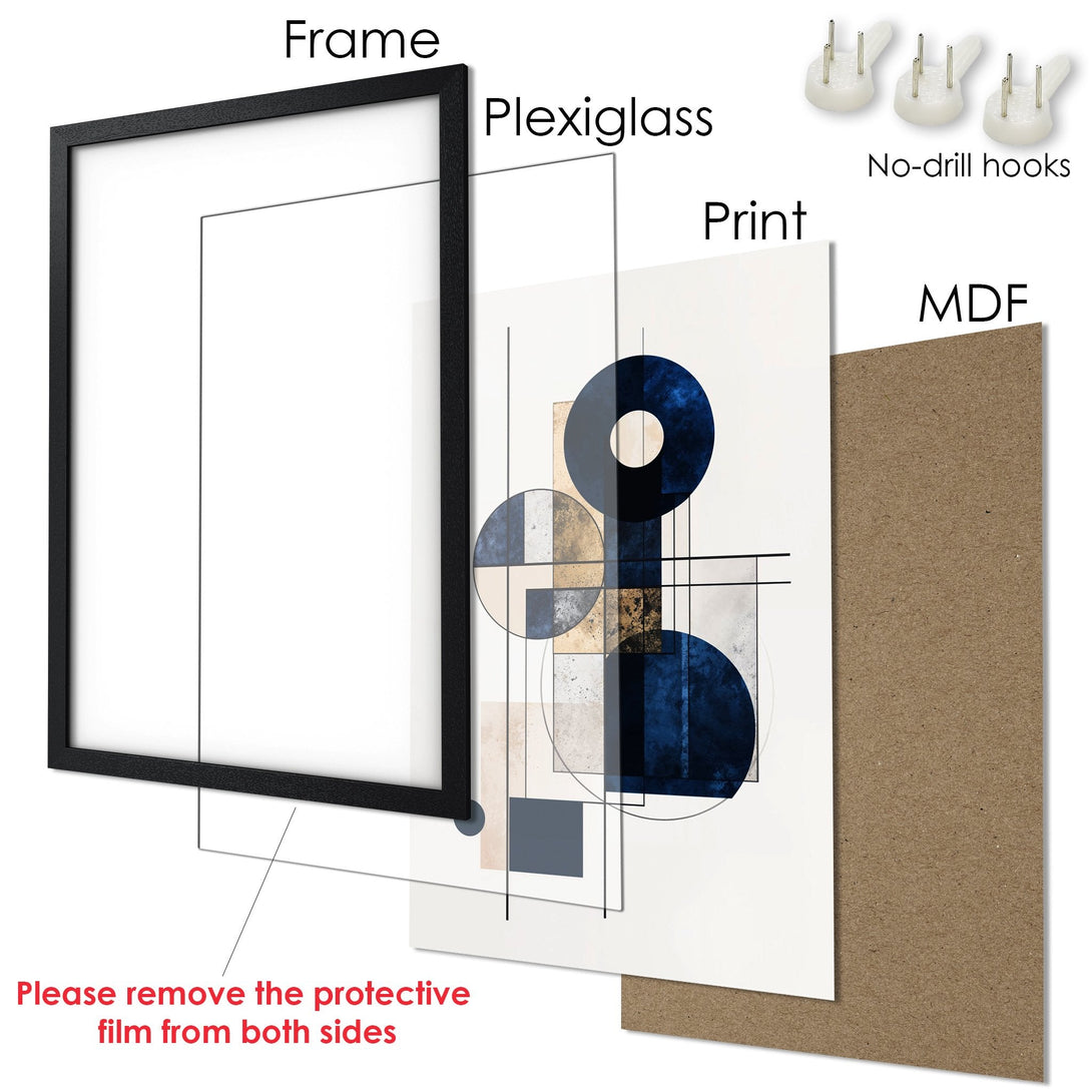 Framed Poster featuring abstract geometric art in blue, beige, and gold. Modern style, ready to hang.