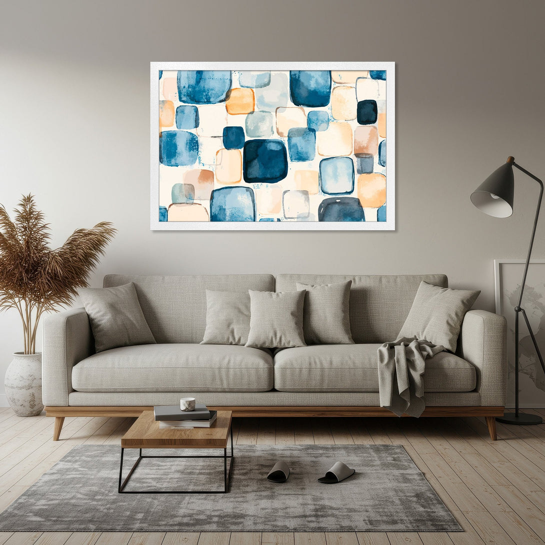 Framed Poster featuring abstract watercolor squares in blue, orange, and beige. Modern art print perfect for home decor.
