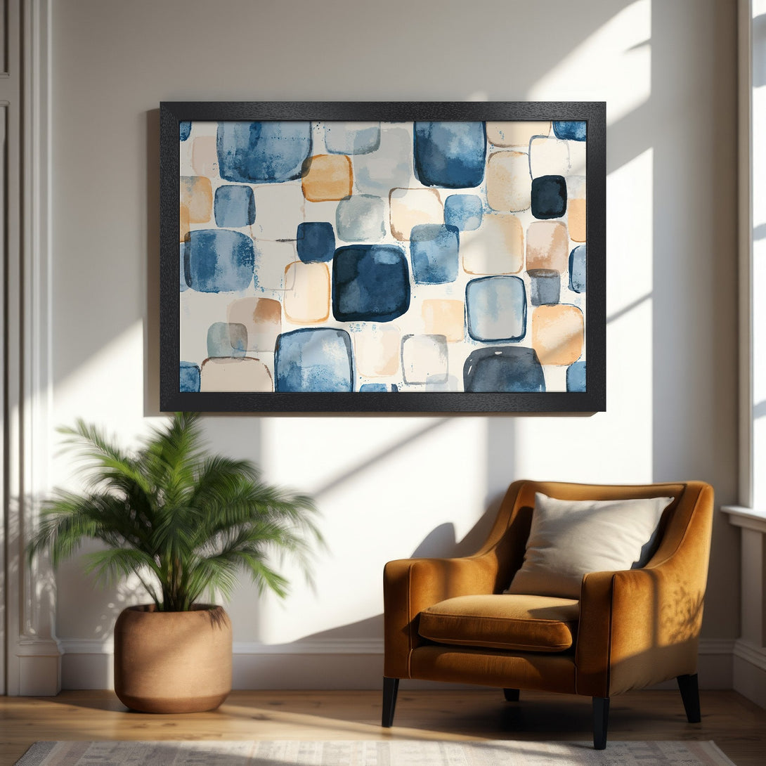 Framed Poster featuring abstract watercolor squares in blue, beige, and brown. Perfect for modern home decor.