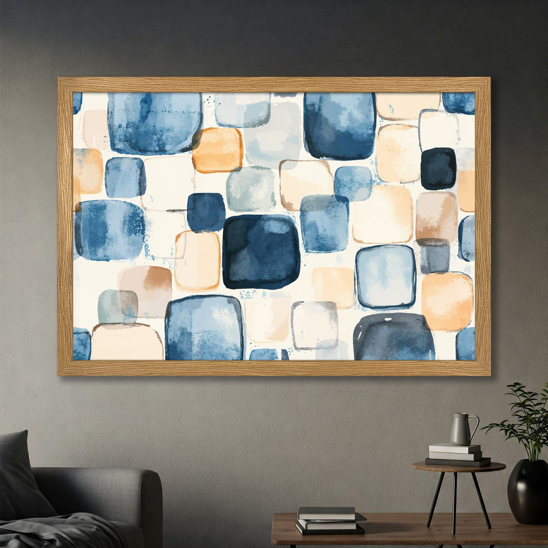 Framed Poster featuring an abstract watercolor design with blue, beige, and brown squares. Modern art print for home decor.