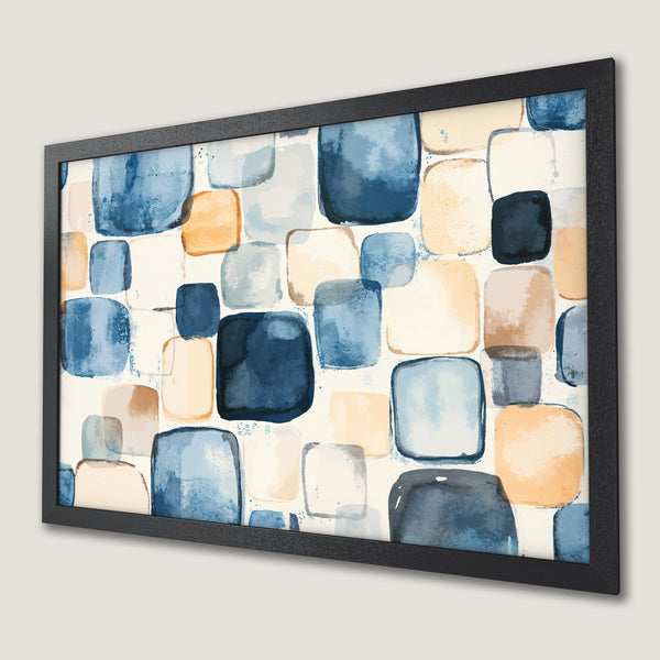 Framed Poster featuring abstract watercolor squares in blue, beige, and orange tones. Modern art for home decor.