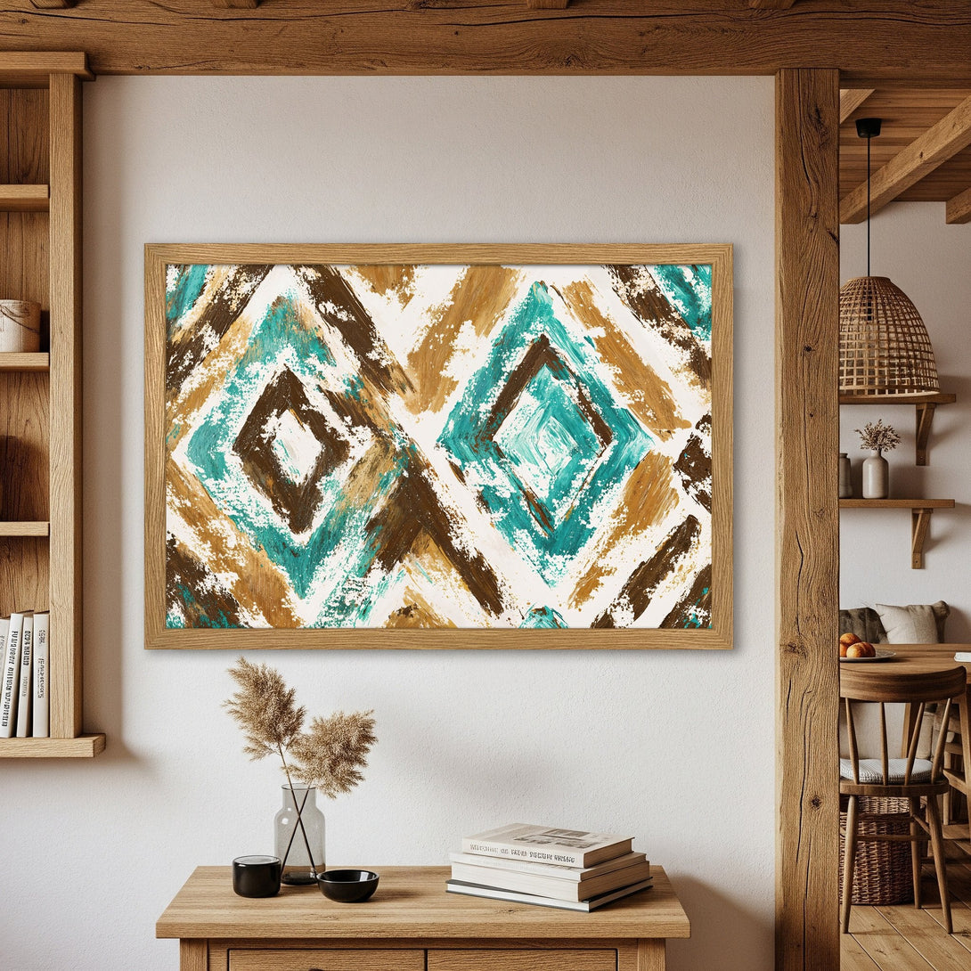 Framed Poster with abstract brushstroke design in teal, brown, and gold. Perfect wall art for modern decor.