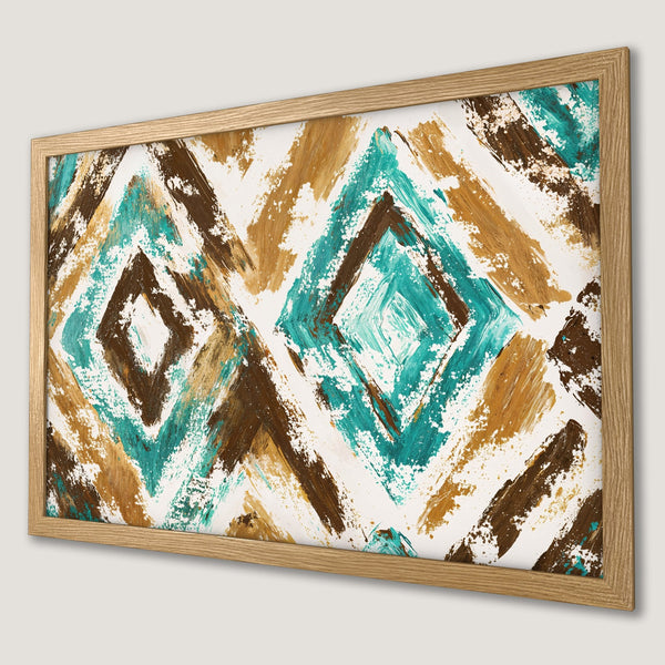Framed Poster featuring abstract brushstroke art in teal, brown, and gold. Modern wall decor for a stylish home.