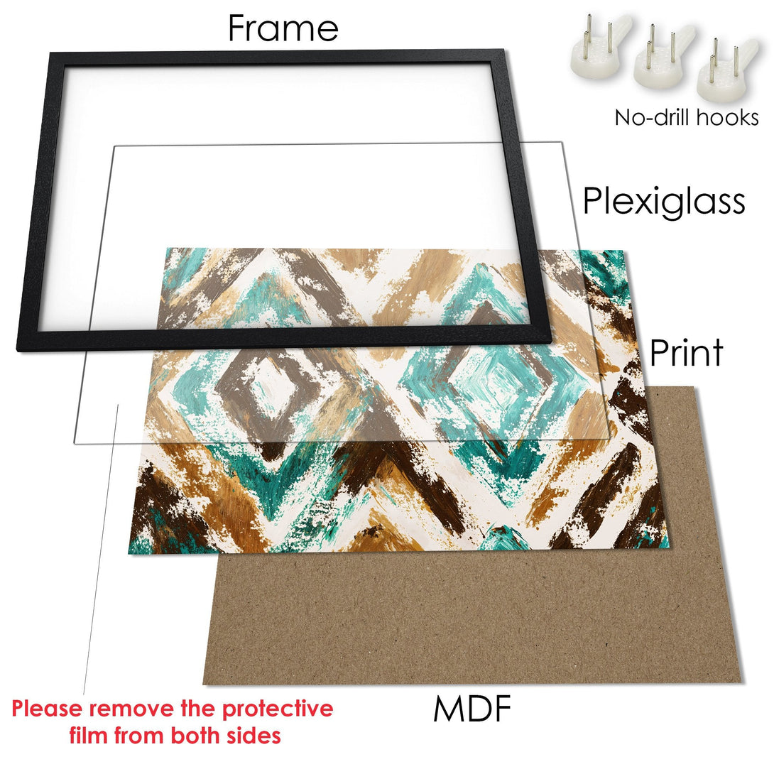Framed Poster with abstract art in teal, brown, and white. Modern style, ready to hang! Perfect wall decor.