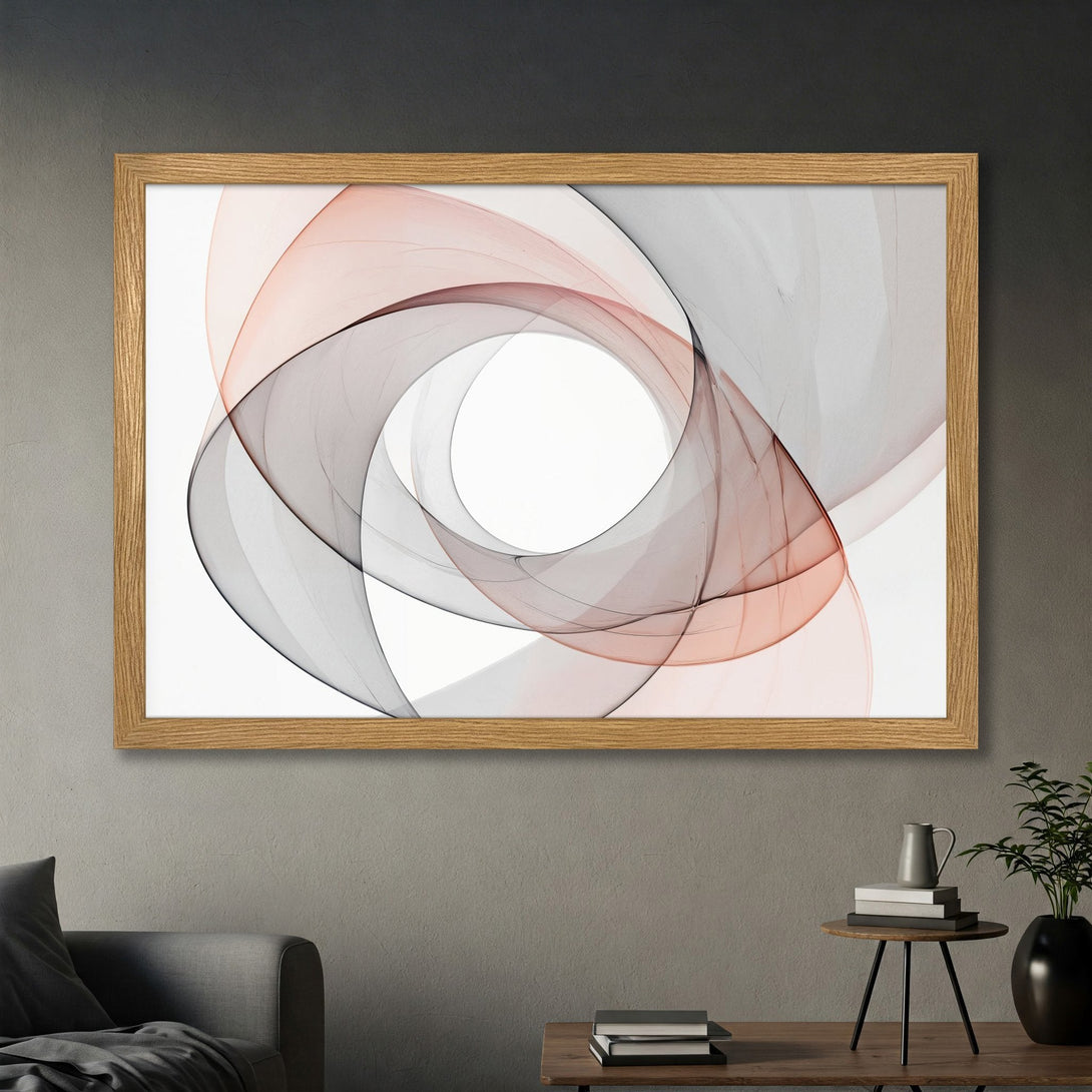 Framed Poster featuring abstract flowing lines in a soft, neutral color palette of gray, white, and peach. Modern art for your home.