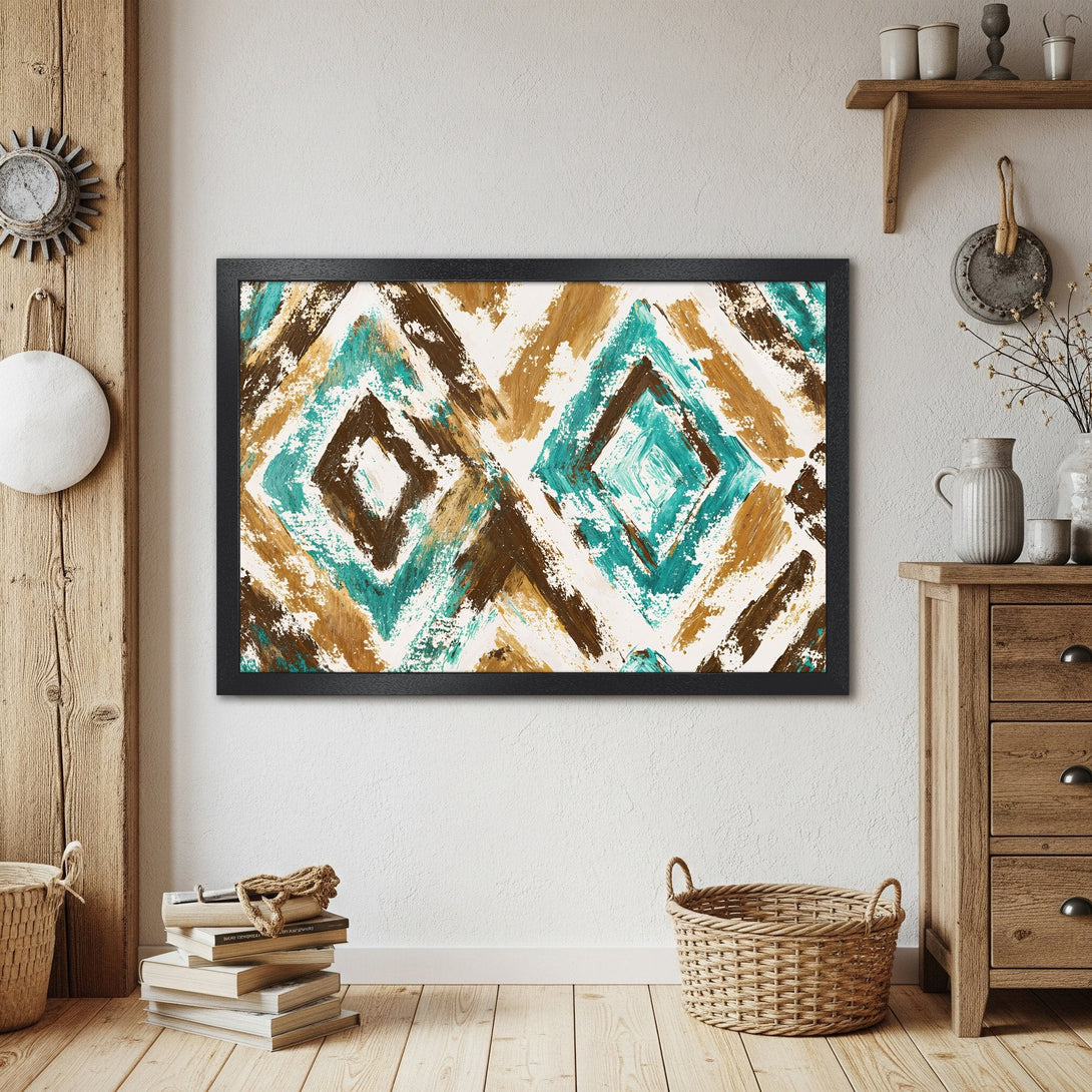 Framed Poster featuring abstract art in teal, brown, and gold. Modern style, perfect for home decor.