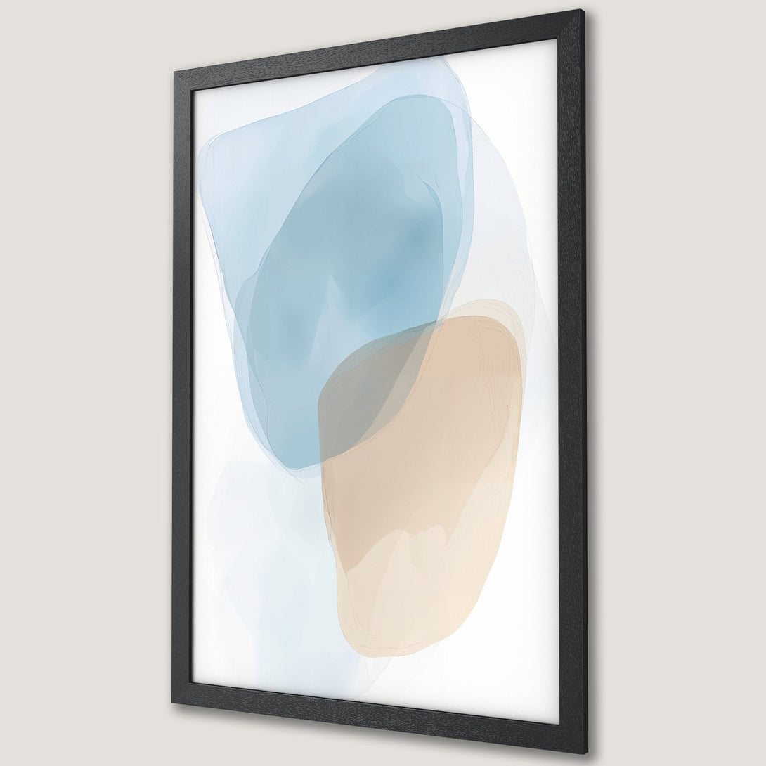 Framed Poster featuring abstract watercolor art in blue and beige tones. Modern wall decor for any space.