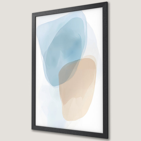 Framed Poster featuring abstract watercolor art in blue and beige tones. Modern wall decor for any space.