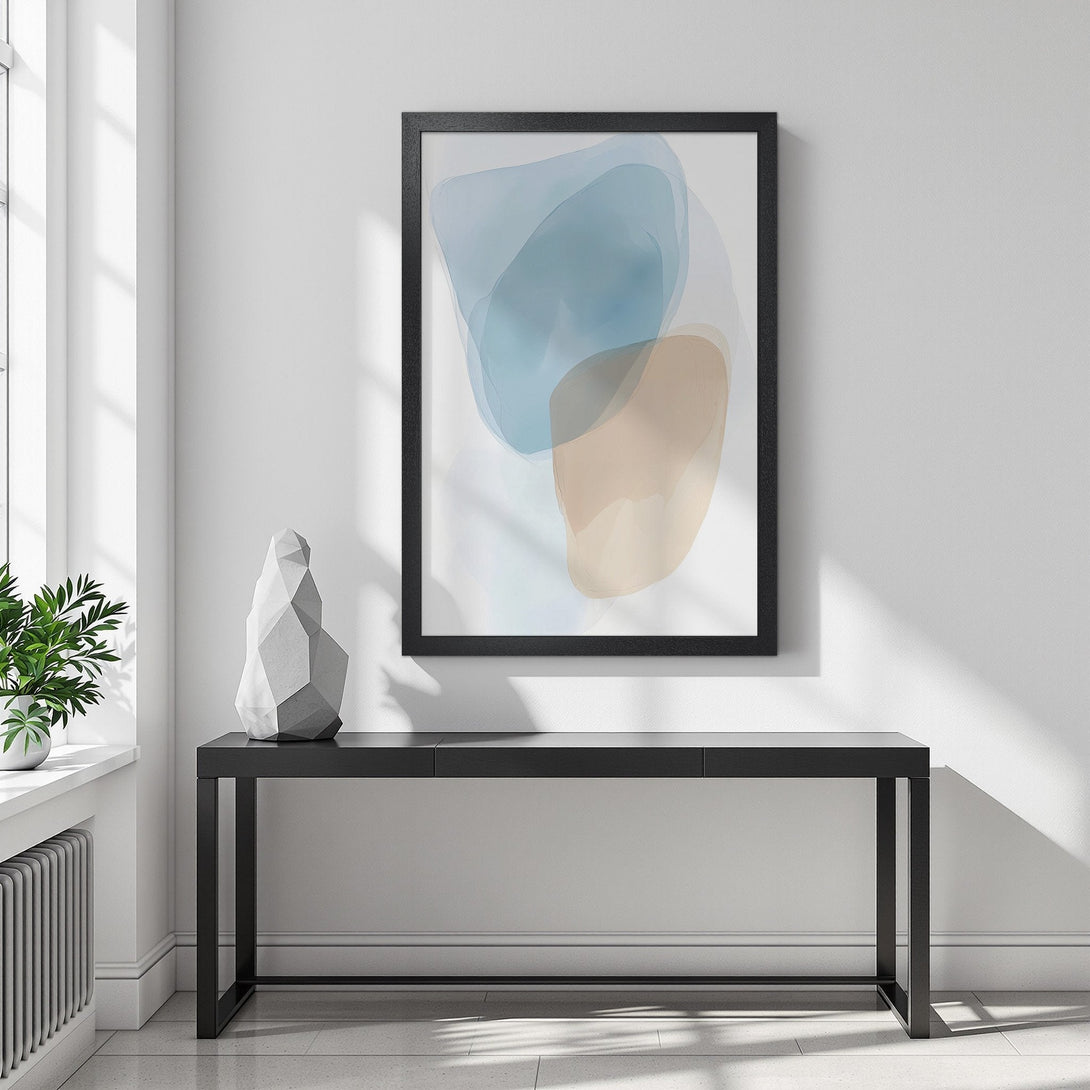 Framed Poster featuring abstract watercolor art in blue and beige tones, perfect for modern home decor.