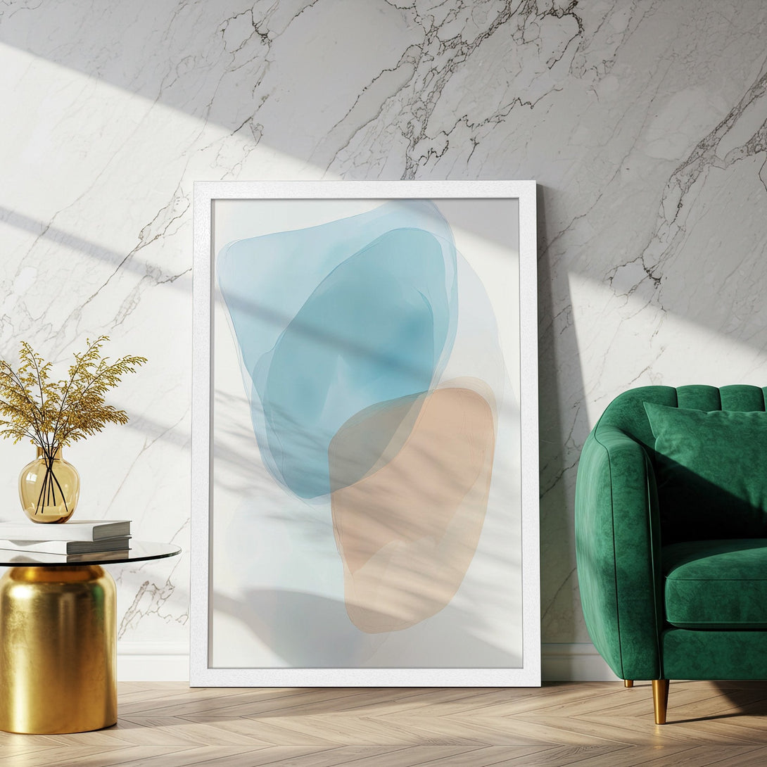 Framed Poster featuring abstract art in blue and beige tones. Modern art print for home decor.