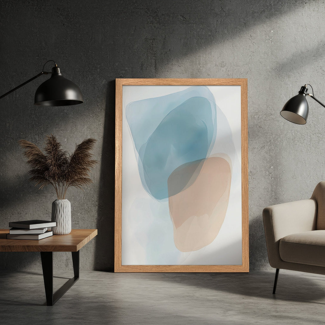 Framed Poster featuring abstract watercolor art in blue and beige tones. Modern art print for home decor.
