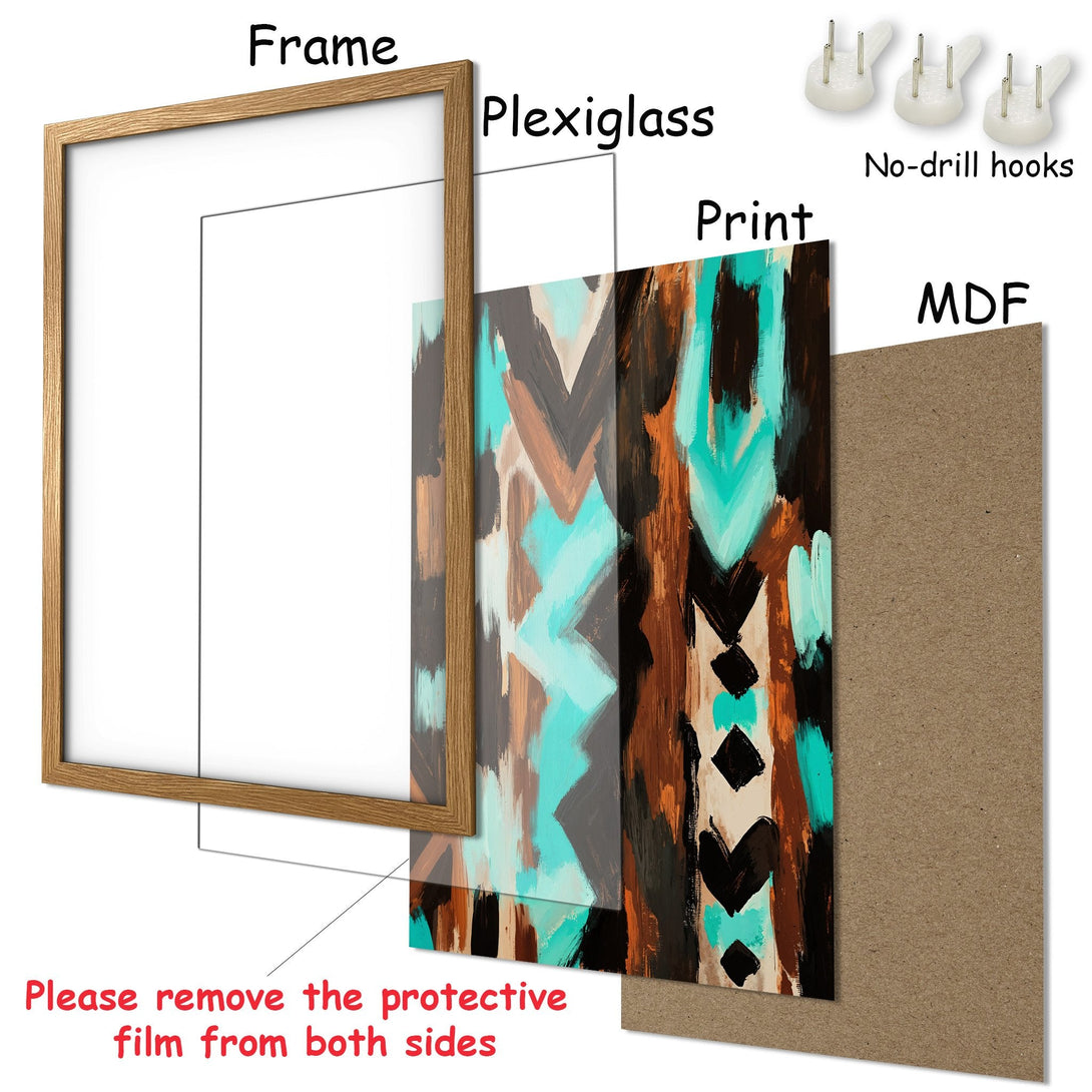Framed Poster with abstract art in teal, brown, and gray tones. Modern wall decor for any space. Easy to hang!