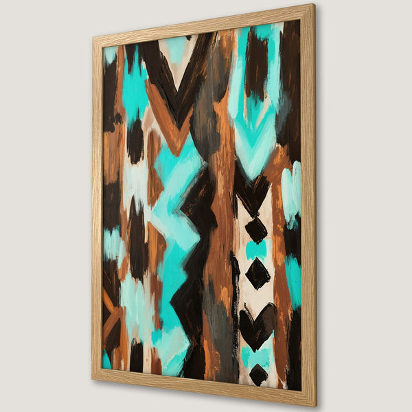 Framed Poster with abstract brushstroke art in teal, brown, and black. Modern wall art for home decor.