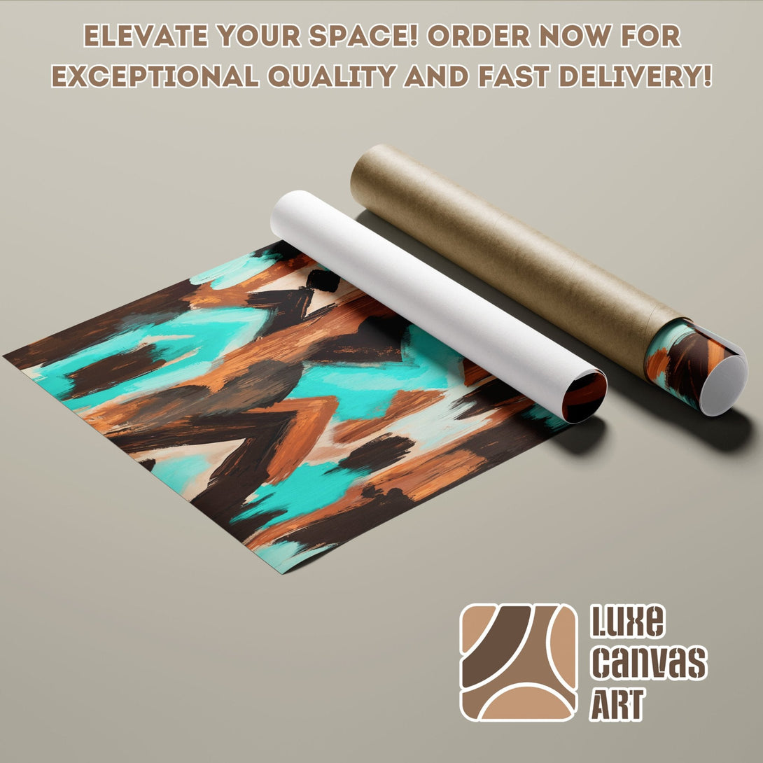 Abstract art poster roll with teal, brown, and beige color palette. Elevate your space with this modern Poster! Order now!