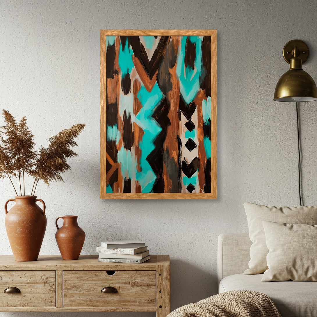 Framed Poster featuring abstract art in teal, brown, and black. Modern style poster for home decor.