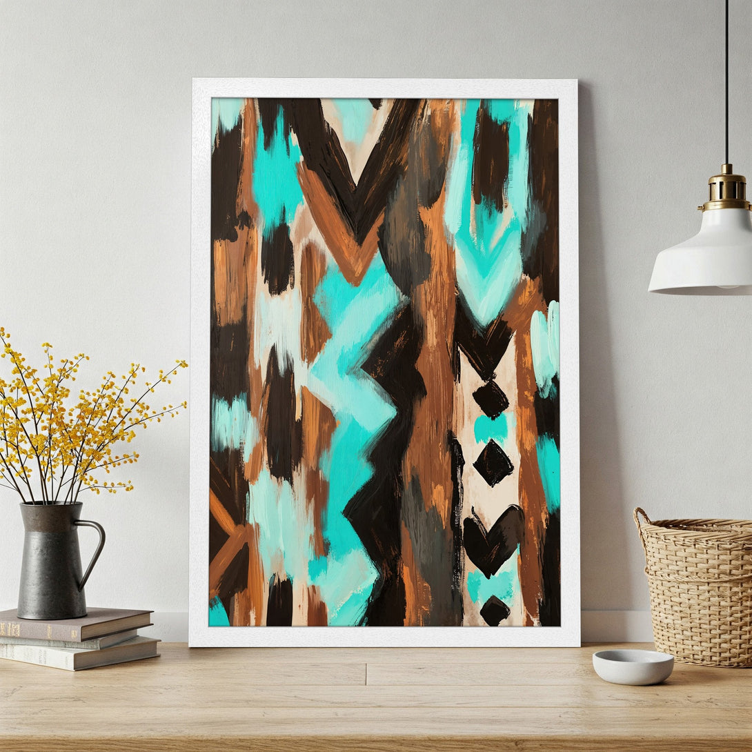 Framed Poster: Abstract art print with teal, brown, and black brushstrokes. Modern style, perfect for home decor and wall art.