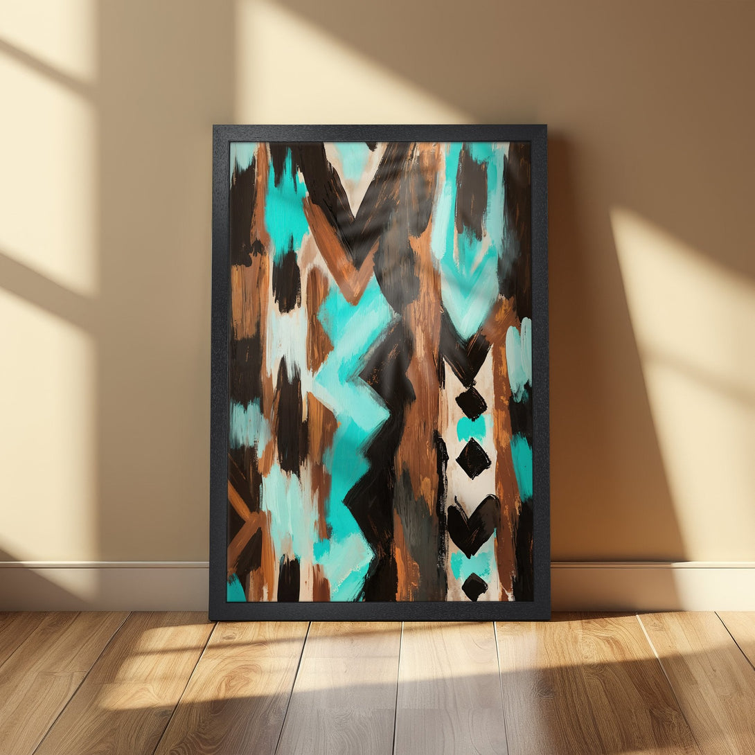 Framed Poster featuring abstract art in teal, brown, and black. Modern wall decor for your home or office. Shop now!