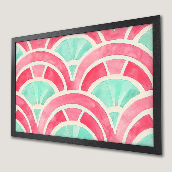 Framed Poster featuring a watercolor abstract design in pink and teal. Perfect wall art for any room!