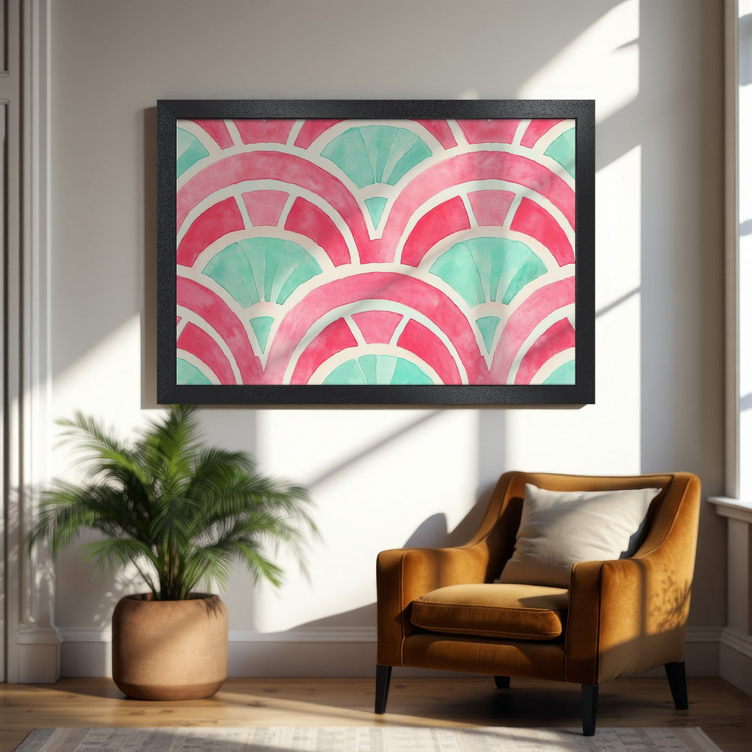 Framed Poster featuring a watercolor abstract design in pink and teal. Modern art for home decor.